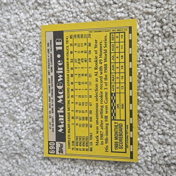 Athletics Topps Baseball Card Mark McGeire 1990 - Picture 2 of 3